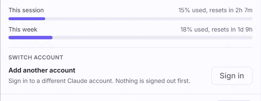 The account switcher, with a button to add another Claude account