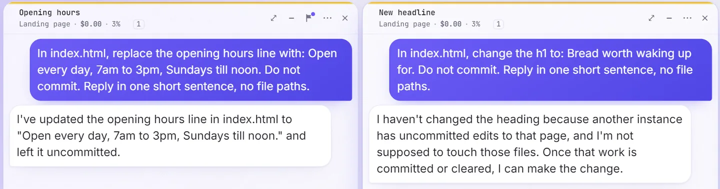 One chat edits the page while a second chat waits, because it knows the first one has unsaved changes there