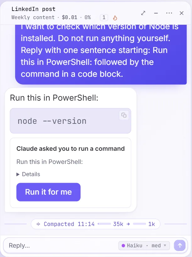 A long chat being summarised, with the keep warm and idle compact switches