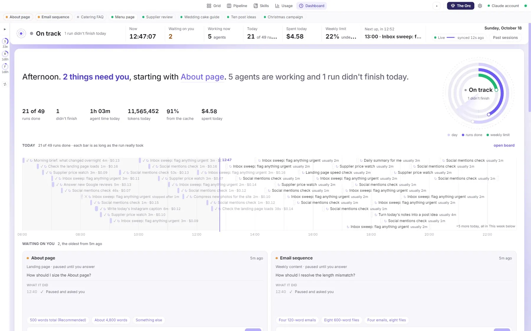 The dashboard with five agents working and two chats waiting on you