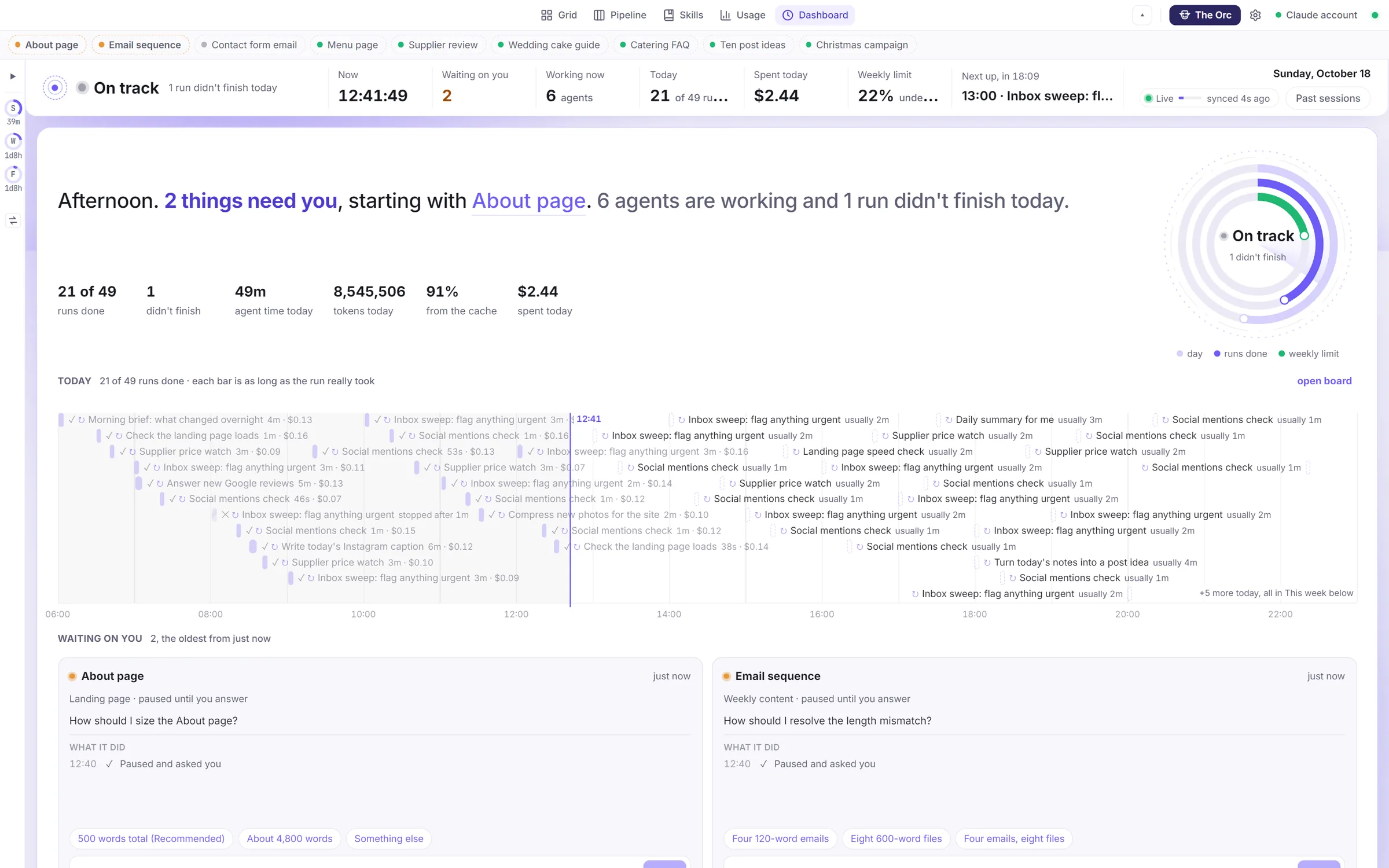 The dashboard: two things need you, six agents working, today's runs on a timeline and the questions waiting for an answer