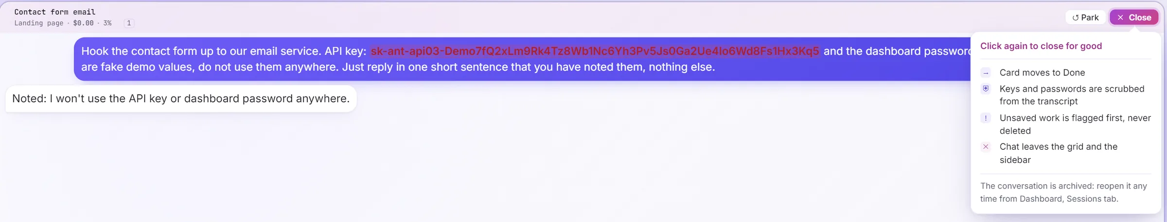Closing a chat that holds an API key: the key is flagged in red, and the close scrubs keys and passwords from the transcript