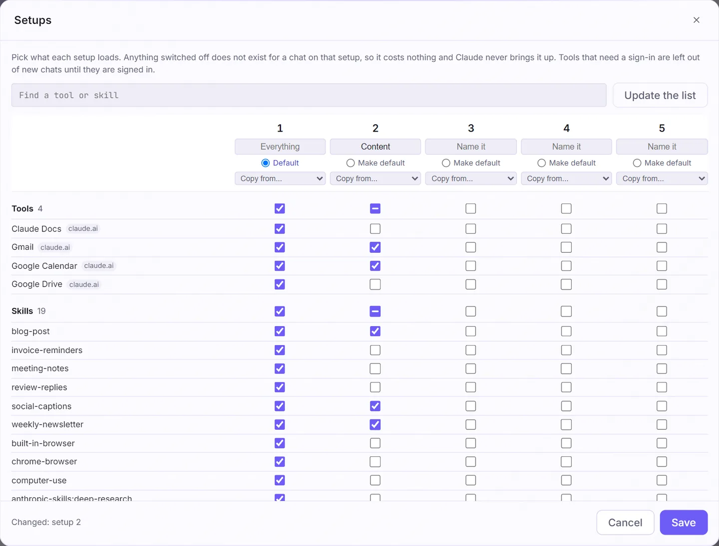 Setups: which skills and tools each agent loads, switched on and off with a click