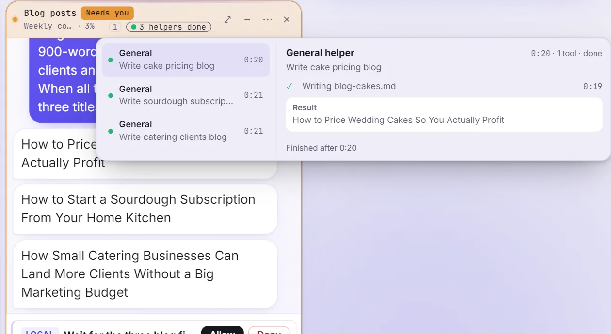 Helpers working live inside a chat, each on a cheaper model
