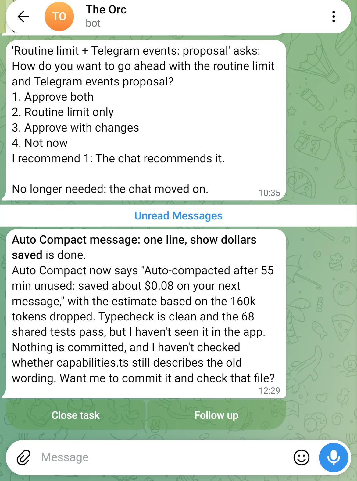 The Orc on Telegram: a chat asking which way to go, and a finished job with Close task and Follow up buttons